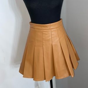 Brown Leather Pleated Skirt